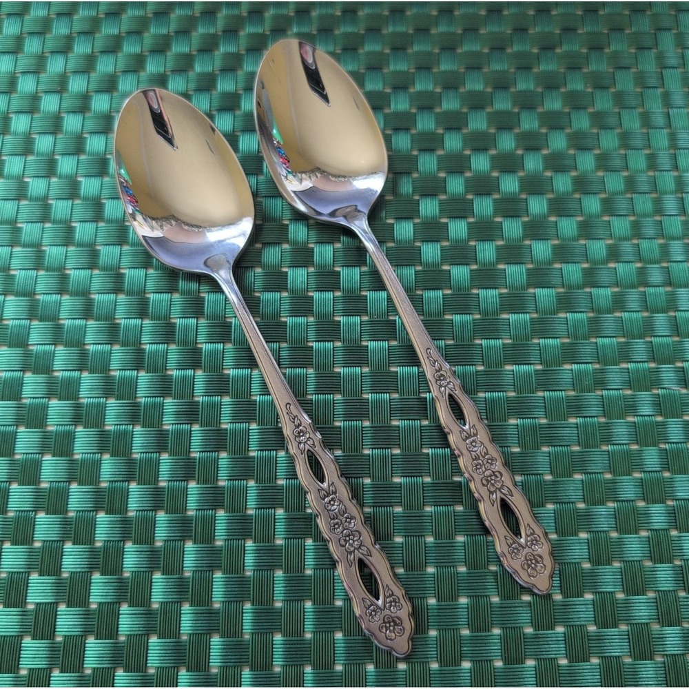 Oneida PROPOSAL Teaspoons Set Lot of 2 Stainless Deluxe Floral Pierced Burnished